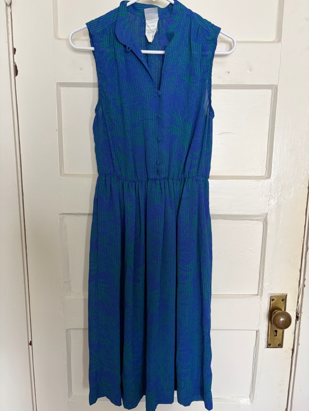 Vintage Sleeveless Blue & Green Midi Shirt Dress with Button Front